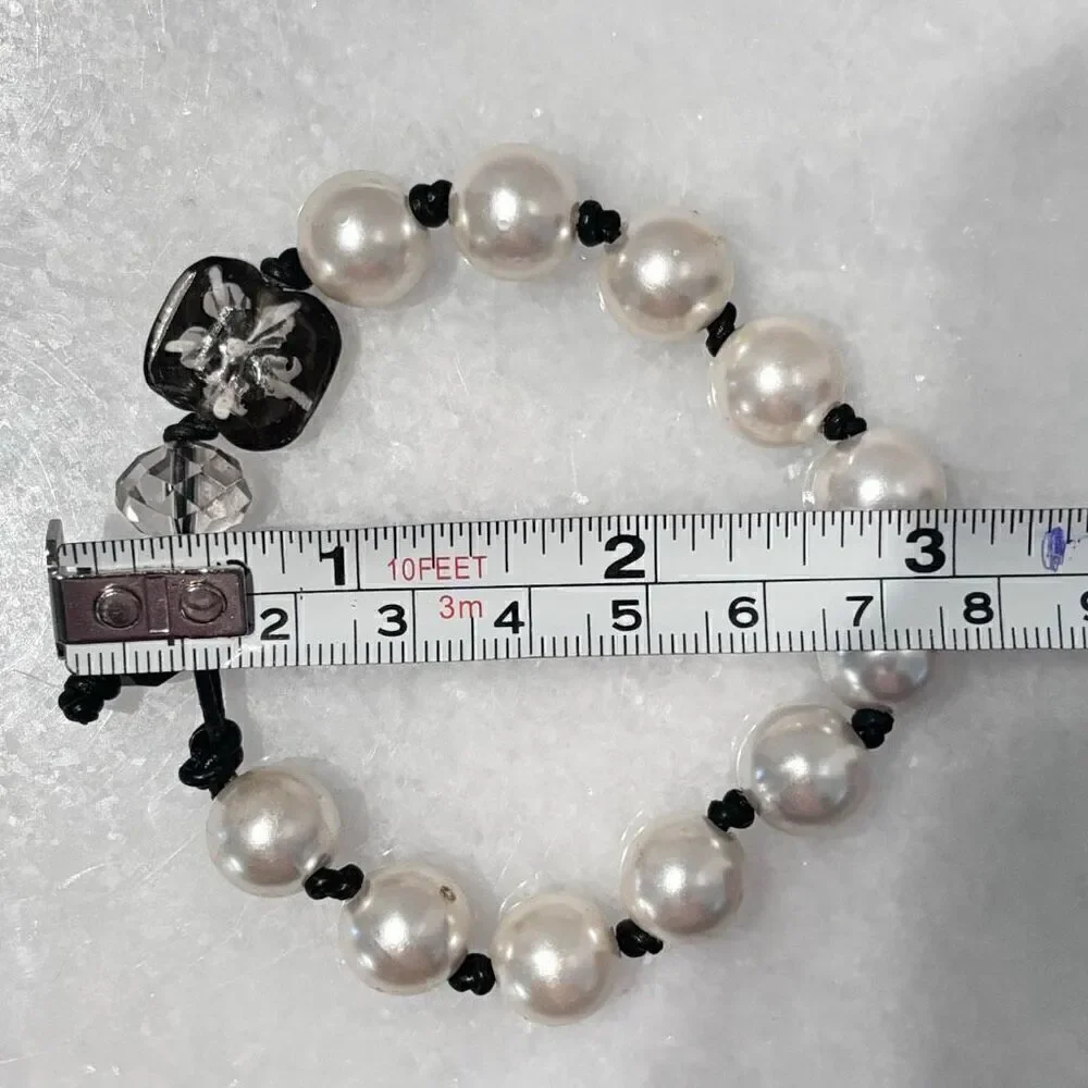 Handmade Faux Pearl Knotted Cord with Faceted Crystal Beaded Bracelet White & B